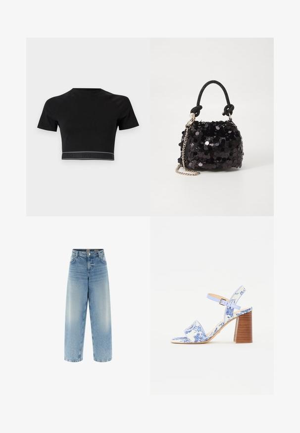 Must mustaga T-särk lühikeste varrukatega, ümmarguse kaelusega ning kontrastse logo triibuga alt, kus on musta värvi "HUGO" tume taust.; Laiad sinised teksad kõrge vöökohaga, heledama pesu ja kergelt pleekinud detailidega, topeltõmblustega õmblused ning ees nööpidega sulgemine.; Sinine lillemustriga sandaal ruudukujulise varbaga, laia riba ja reguleeritava pahkluu rihmaga, millel on tekstuuriga puidust plokk-kann.; Must have mustrõngus mustal sädelev mini käekotil on sõlme tekstuuriga rihm ja hõbedane ketis. Ümar kuju, kokku kogutud ülaosa ja peegeldav detail.