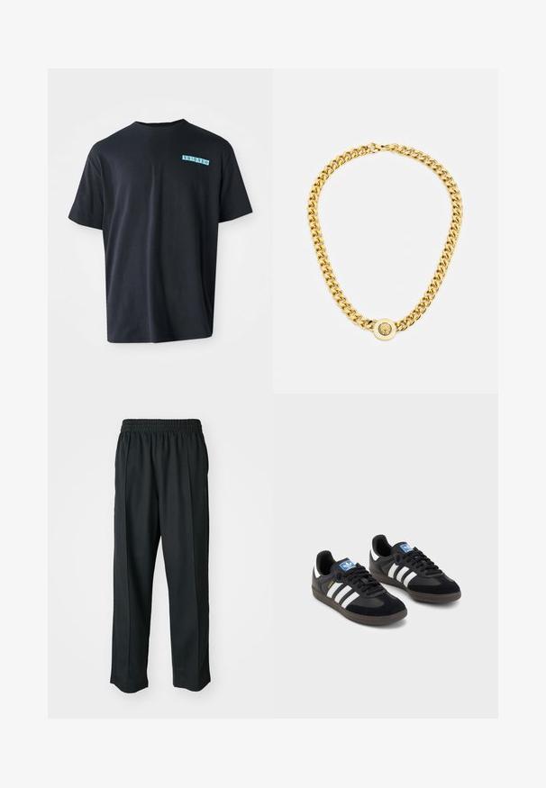 T-shirt preta de algodão com mangas curtas, decote redondo e um logótipo gráfico turquesa no lado esquerdo do peito. Textura suave, corte relaxado.; Calças atléticas pretas com um cós elástico, feitas de tecido suave, com costuras laterais discretas e um ajuste descontraído, design de perna reta.; Sneakers pretos com parte superior em camurça e sintético, apresentando três riscas brancas, sola de borracha texturizada e etiqueta azul no linguete.; Colar de corrente de ouro com grandes elos interligados, apresentando um detalhe em forma de pêndulo circular no centro com um emblema saliente.