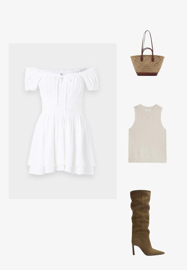 Helles beigefarbenes, ärmelloses Sweatshirt mit einem gerippten Rundhalsausschnitt, strukturiertem Stoff und minimalistischem Design; keine sichtbaren Marken oder Muster.; Weißes schulterfreies Kleid mit gerafftem Oberteil, kurzen Puffärmeln und gestuftem Rüschensaum. Hergestellt aus leichtem, strukturiertem Stoff.; Olivgrüne Wildlederstiefel bis zum Knie mit spitz zulaufender Zehenform, lässigem Oberschuhdesign und Stilettoabsatz, mit sichtbaren Nähdetails.; Geflochtene Strohttasche mit geflochtener Textur, dunkelbraunen Ledergriffen und Boden, breiter runder Form und offenes Oberteil.