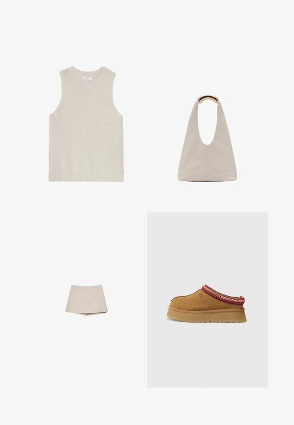 Jasno beżowy bezrękawnik z ribbowanym okrągłym dekoltem, teksturowanym materiałem i minimalistycznym wzornictwem; brak widocznych logo lub wzorów.; Beżowy spódniczko-spodenki dla kobiet z lekkim rozcięciem z przodu i przyszytymi spodniami, zaprezentowane na białym tle.; Brązowy zamszowy but wsuwany z czerwono-kremowym ozdobnym wykończeniem, teksturowaną podeszwą i logo UGG z boku. Posiada lekko podwyższone podłoże.; Jasnoszara skórzana torba o kształcie litery U z zakrzywionym metalowym uchwytem. Gładka tekstura z minimalnymi szwami i bez widocznych wzorów.