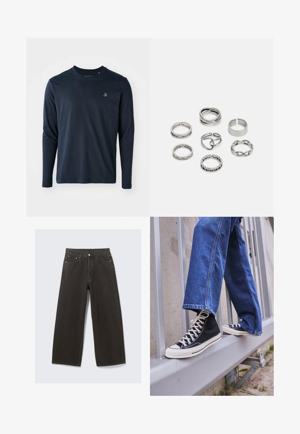T-shirt de manga longa azul-marinho feito de algodão suave, com um decote redondo e um pequeno logo branco no lado esquerdo do peito.; As calças de ganga pretas de perna larga apresentam uma cintura alta, um design de cinco bolsos e um fecho de botões. O tecido tem um acabamento texturizado e suave.; Ténis altos pretos com sola e atacadores brancos, combinados com jeans azul desgastado, repousando sobre um corrimão cinza.; Conjunto de sete anéis de prata com vários designs, incluindo padrões torcidos, entrelaçados e gravados. Diferentes formas e larguras.