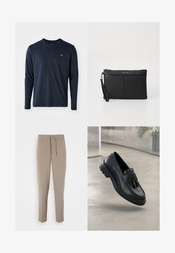 Pikad varrukad tumesinine T-särk, mis on valmistatud pehmest puuvillast, millel on ümmargune kaelus ja väike valge logo vasakul rinnal.; Heledad beezised püksid elastse vöökohtaga, reguleeritava paelaga ja kitsenevad sääred. Kanga pind näib sile ja kerge sära.; Mustad nahast mokassiinid, millel on sile viimistlus, dekoratiivne tutt, paks kummist tald ja õmmeldud detailid. Kerge ja voolujooneline disain.; Must musta klamber, millel on luku sulgemine, randme rihm ja sile tekstuur. Omab peent õmblust ja esiküljel on reljeefne logo.