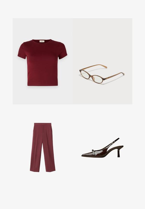 Gina Tricot BASIC TIGHT - T-paita - dark red; Bordeaux leveled trousers with a smooth texture, featuring side pockets and a high waist design. Tailored with a clean front crease.; Ruske patenttimuoviset slingback-kengät, joissa on terävä kärki, matala korko ja koristeellinen kaarroke etuosassa. Sileä, kiiltävä pinta.; Ruskeat kilpikonnaruutulasiset silmälasit, joissa ovaalit linssit, ohuet varret ja läpinäkyvät yksityiskohdat. Temppeleissä on huomaamaton logo. Suunnittelultaan suora ja kevyt.