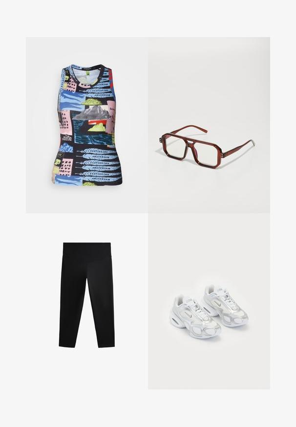Débardeur sans manches à côtes avec un imprimé multicolore représentant des paysages et du texte. Les matériaux semblent extensibles avec une coupe ajustée.; Leggings de sport noirs avec une taille haute, un tissu lisse et une silhouette ajustée, conçus pour un confort optimal et une liberté de mouvement.; Baskets de sport blanches avec une tige en mesh et des accents argentés, une forme unique et un amorti d'air au niveau du talon. Design à lacets avec logo.; Lunettes oversized transparentes marron avec des verres rectangulaires et des branches fines. Coins légèrement arrondis et angulaires, avec des accents matériels visibles.; Sac à main en cuir verni rose, de forme rectangulaire, avec une bandoulière en chaîne amovible et des détails en métal argenté à l'avant.
