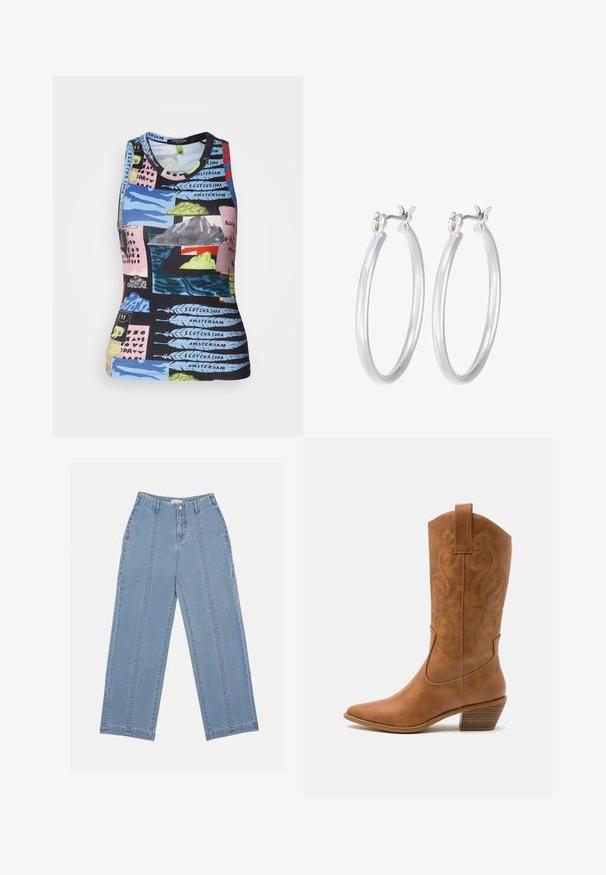 Ribota bez piedurknēm topiņš ar daudzkrāsainu druku, kas attēlo ainavas un tekstu. Materiāli izskatās elastīgi ar pieguļošu formu.; Gaiši zili, platā kāja džinsi, izgatavoti no denima. Iekļauj augsto jostasvietu, pogu aizdari un redzamu šuvumu. Priekšpusē nav redzamu kabatu.; Brūni ādas kovboju zābaks ar norādītu purngalu, izšūtām viļņveida apakšējo detaļu un sakrautajiem blokiem. Iezīmēts ar velkšanas cilpu ērtai uzvilkšanai.; Sudraba riņķveida auss gredzeni ar gludu, pulētu apdari. Apaļa forma un drošs klikšķa augšējais slēgums. Viegls dizains, kas piemērots ikdienas valkāšanai.