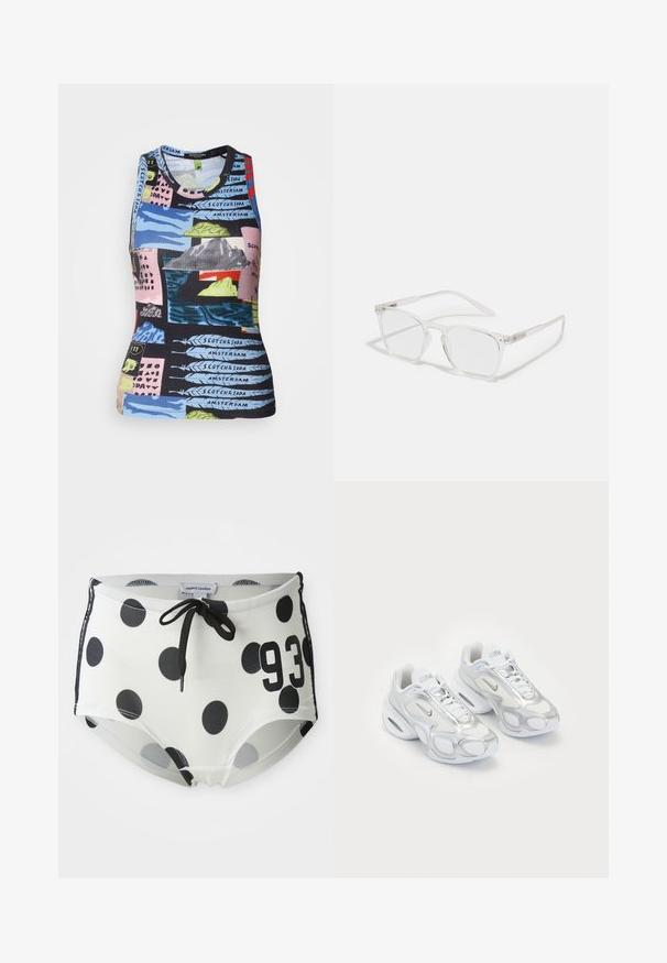 Rebrasta majica bez rukava s višebojnim uzorkom koji prikazuje pejzaže i tekst. Materijali izgledaju elastično i imaju prilagođen oblik.; Crne i bijele kupaće gaće s jednobojnim točkicama, s pojasom na vezanje, na prednjoj strani s brojem "93" i glatkim, rastezljivim materijalom.; Bijele atletske tenisice s mrežastim gornjištem i srebrnim detaljima, jedinstvenog oblika i zračnim jastučićem u peti. Dizajn sa vezicama i logotipom.; CHPO ZEBBE UNISEX - Naočale sa zaštitom od plave svjetlosti - transperent