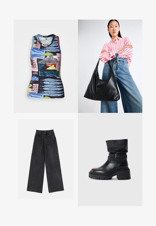 Ribbete, ermeløs tanktop med et flerfarget trykk som viser landskap og tekst. Materialene ser ut til å være elastiske med en tettsittende fasong.; Svart bred ben jeans i denim med høy midje, klassisk fem-lommers design og subtil fading. Holdbart stoff med en jevn tekstur.; Svart lær ankelstøvel med en slapp overdel, spenne detaljer og tykk, robust såle. Har en rund tå og glatt tekstur.; Svart skinn skulderveske med en avslappet form og sømdetaljer. Modellen har på seg en rosa og hvit stripete skjorte med vide blå jeans.