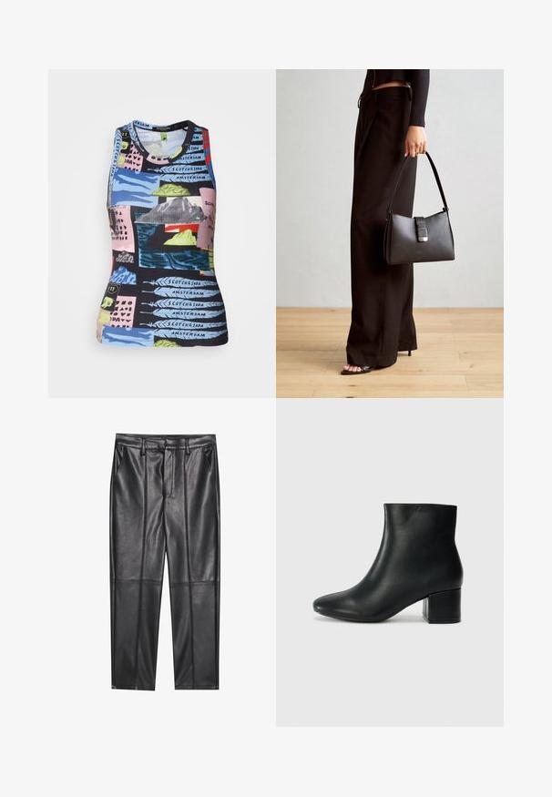 Tricou fără mâneci cu nervuri, având un imprimeu multicolor care prezintă peisaje și text. Materialele par elastice, având o formă ajustată.; Pantaloni din piele neagră cu o textură netedă, având o croială dreaptă, două buzunare frontale și detalii vizibile ale cusăturilor.; Cizme negre din piele până la gleznă, cu vârf ascuțit și toc robust. Textură netedă, cu accente minime și un design elegant, ajustat.; Genți negre cu o formă structurată, textură netedă și un închizător metalic. Asortată cu pantaloni negri largi și sandale cu vârf deschis pe un podea din lemn.