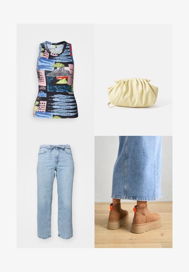 Canotta a coste senza maniche con una stampa multicolore che presenta paesaggi e testo. I materiali sembrano elastici con una forma aderente.; Jeans in denim azzurro chiaro con taglio relaxed straight-leg, cinque tasche e vita con passanti per cintura. Finitura distressed con leggera scoloritura.; Stivali platform in suede marrone con pannelli laterali elastici e linguette arancioni, abbinati a una gonna di jeans chiara, lunga fino al ginocchio, su un pavimento di legno.; Borsa plissettata gialla in morbida pelle ecologica, con una forma morbida, una sola tracolla e un design superiore arricciato.; Orecchino a cerchio in argento con finitura lucida, caratterizzato da piccoli dettagli in oro e una forma tondeggiante, indossato sul lobo.