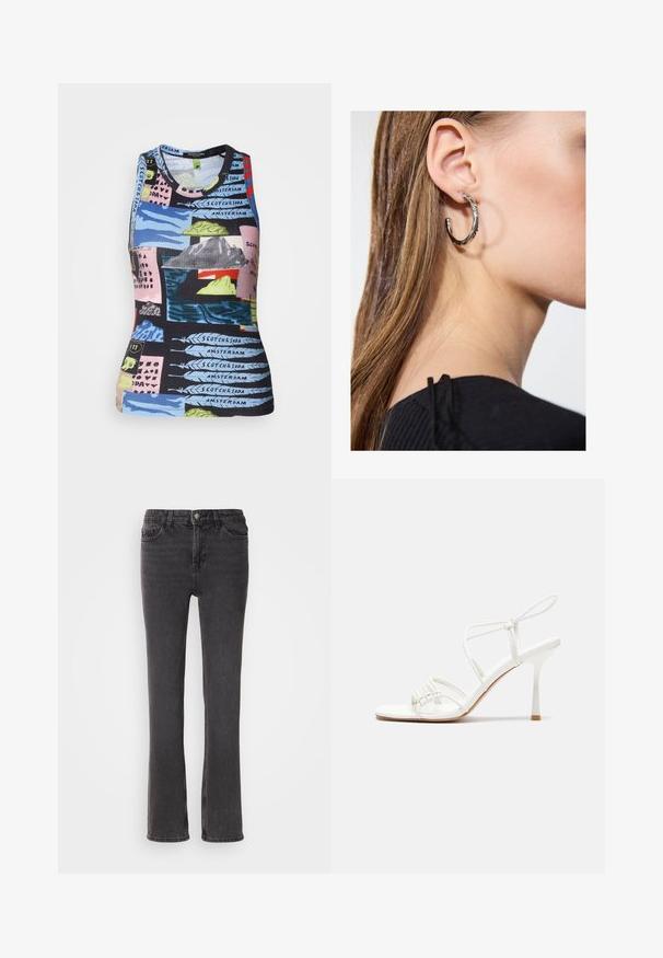 Rebrasta majica bez rukava s višebojnim uzorkom koji prikazuje pejzaže i tekst. Materijali izgledaju elastično i imaju prilagođen oblik.; Crne traperice s ravnim nogavicama, koje imaju prednje džepove, patentni zatvarač i suptilne detalje šivanja. Tkanina ima blagu teksturu.; Bijele sandale s visokom potpeticom i trakama, ravno oblikovanim prstima, teksturiranim prednjim dijelom s naboranim detaljima i uskom trakicom oko gležnja.; Srebrna kružna naušnica s poliranim završetkom, koja ima male zlatne detalje i okrugli oblik, nošena na uhu.