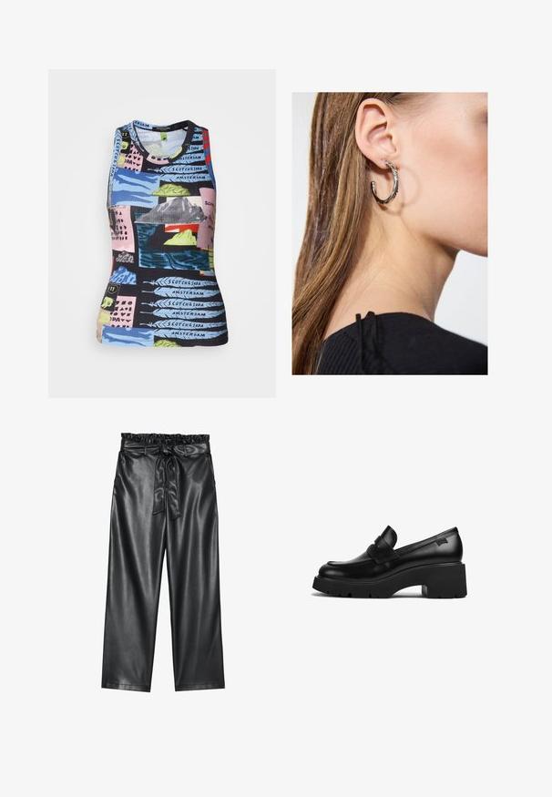 Canotta a coste senza maniche con una stampa multicolore che presenta paesaggi e testo. I materiali sembrano elastici con una forma aderente.; Pantaloni wide-leg neri in pelle sintetica con elastico in vita arricciato e cintura staccabile. Texture liscia e finitura minimale.; Mocassino in pelle nera con tacco chunky, suola spessa e un dettaglio a strap nella parte superiore, mostrato di lato su uno sfondo bianco.; Orecchino a cerchio in argento con finitura lucida, caratterizzato da piccoli dettagli in oro e una forma tondeggiante, indossato sul lobo.