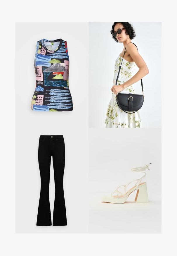 Rippenshirt ohne Ärmel mit einem mehrfarbigen Druck, der Landschaften und Text zeigt. Die Materialien wirken dehnbar und haben eine figurbetonte Form.; Schwarze hochtaillierte Jeans mit einem Knopf- und Reißverschluss, Fronttaschen und ausgestellten Beinen, flach auf einem weißen Hintergrund ausgelegt.; Weiße High-Heel-Sandale mit einem klobigen Absatz, die über ein Riemchendesign und ein Knöchelband verfügt. Glatte Textur mit einer Plattform vorne für zusätzliche Höhe.; Schwarze Lederhandtasche mit geschwungener Form, abnehmbarem Tragegurt und goldenen Beschlägen. Die Tasche verfügt über einen Deckel mit einer Schnallen-Details.