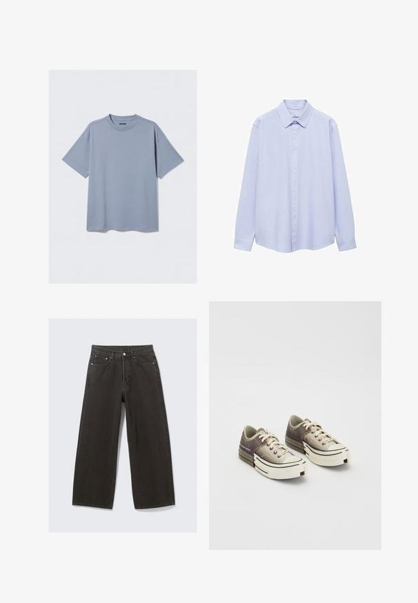 Ljusblå kortärmad t-shirt gjord av mjukt bomull med rundad halsringning och avslappnad passform; har minimala sömdetaljer.; Ljusblå långärmad skjorta i bomull, med en klassisk krage, knappstängning fram och manschetter. Slät textur utan mönster.; Breda ben svarta denimjeans har hög midja, femfickorsdesign och knäppning med knapp. Tyget har en mjuk, texturerad yta.; Låga sneakers gjorda av strukturerade grå och beige material, med vita gummisulor, snören och varumärkesdetaljer på sidan.