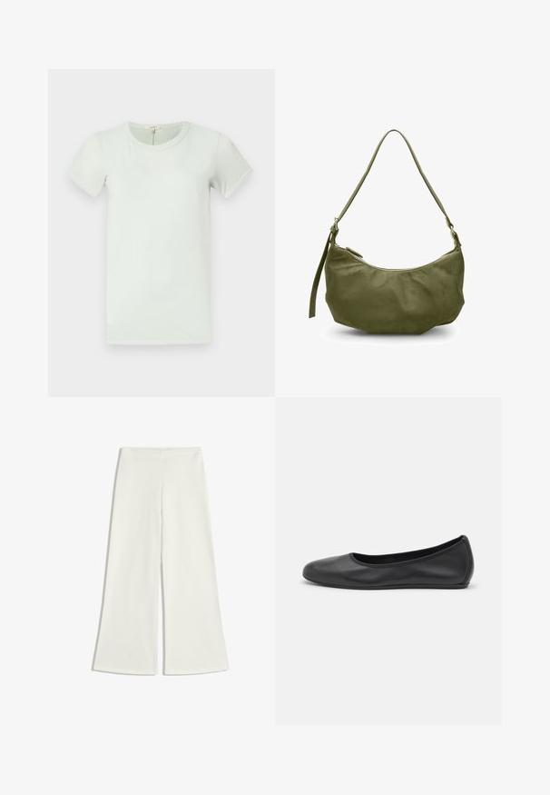 rag & bone THE SLUB - T-shirt basic - greenlily; Witte wijde broek gemaakt van gladde stof. Ze hebben een hoge taille en geen zichtbare naden, wat zorgt voor een strakke silhouet.; Zwarte leren ballerina met een ronde neus, gladde textuur, minimale stikdetails en een flexibele zoolontwerp.; Olijfgroene leren schoudertas met een gebogen vorm, ritssluiting en verstelbare schouderband. Vriendelijke textuur met minimale hardware-accenten.