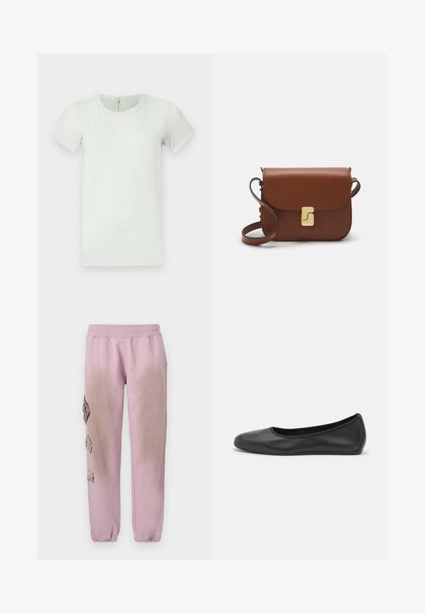 rag & bone - T-shirt basic; Różowe dresy z elastycznym pasem, zdobione dekoracyjnymi łatkami w kształcie diamentów po lewej stronie oraz elastycznymi mankietami na kostkach.; Czarne skórzane baletki z zaokrąglonym noskiem, gładką fakturą, minimalnymi przeszyciami i elastycznym designem podeszwy.; Brązowa skórzana torebka na ramię z klapką, złotymi detalami, paskiem na ramię i gładką teksturą. Kompaktowy prostokątny kształt.