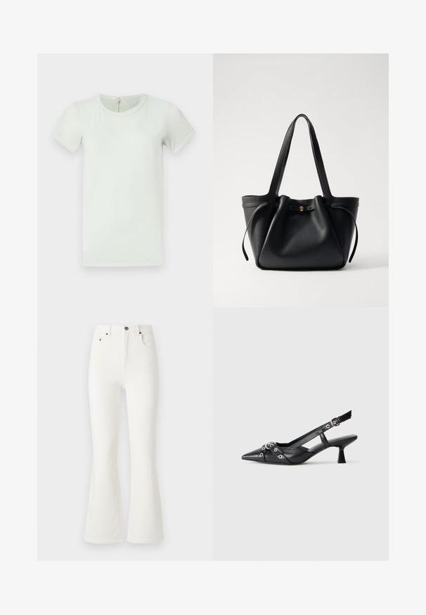 rag & bone THE SLUB - T-Shirt basic - greenlily; Weiße ausgestellte Jeans aus Denim. Hoch tailliertes Design mit vorderen Taschen und Knopfverschluss. Glatte Textur und minimale Nähdetails.; Schwarzer Leder-Slingback-Schuh mit spitz zulaufender Zehenpartie, dekorativen Riemen mit METALLÖSEN und niedrigem Blockabsatz. Strukturelle Oberfläche.; Schwarze Leder-Tote mit zwei langen Tragegriffen, einem gerafften oberen Teil und einem goldenen runden Akzent. Glatte Textur mit minimalistischem Design.