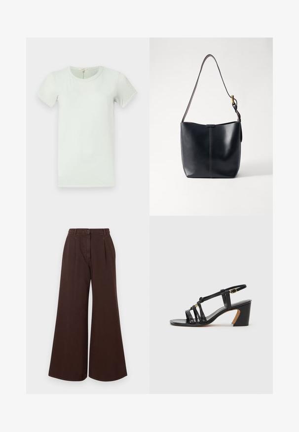 rag & bone THE SLUB - T-Shirt basic - greenlily; Hochtaillierte, weit geschnittene, braune Hose mit Knopf- und Reißverschluss, Gürtelschlaufen und frontalen Falten.; Paul Smith AMIRA - Pumps - black; Schwarze Leder-Schultertasche mit glatter Oberfläche, ausgestattet mit einem dünnen, langen Tragegurt und einem dezenten genähten Detail in der Mitte.