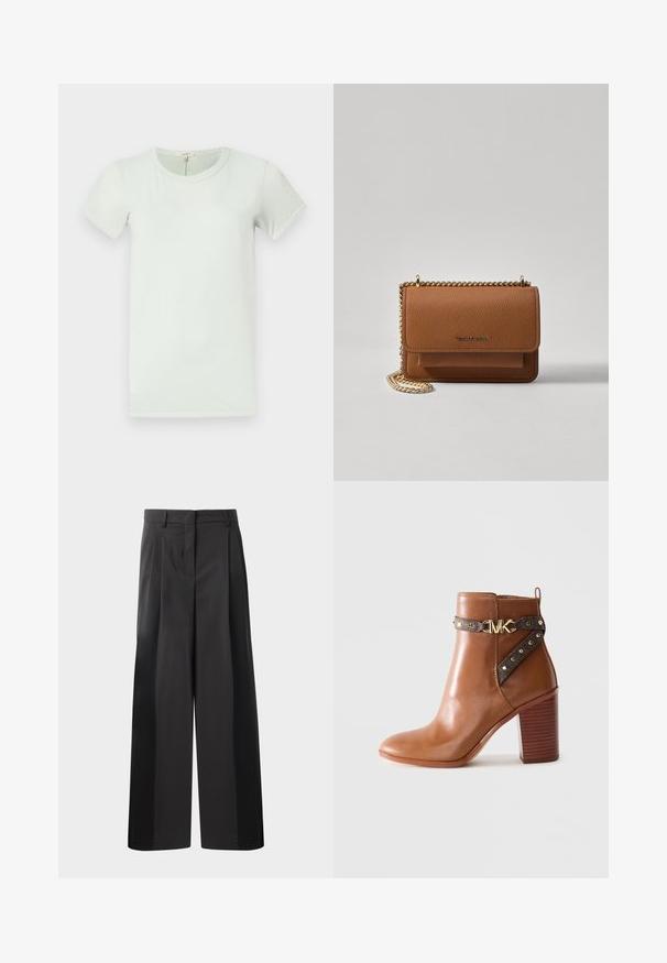 rag & bone THE SLUB - Basic T-shirt - greenlily; Black wide-leg trousers with a high waist, featuring front pleats, a smooth texture, and a tailored finish. Designed for a relaxed fit.; Brown leather ankle boot with stacked block heel, side strap featuring gold studs and a gold "MK" logo buckle.; Brown textured leather crossbody bag with gold chain strap and flap closure. Front features logo detail and a pocket under the flap.