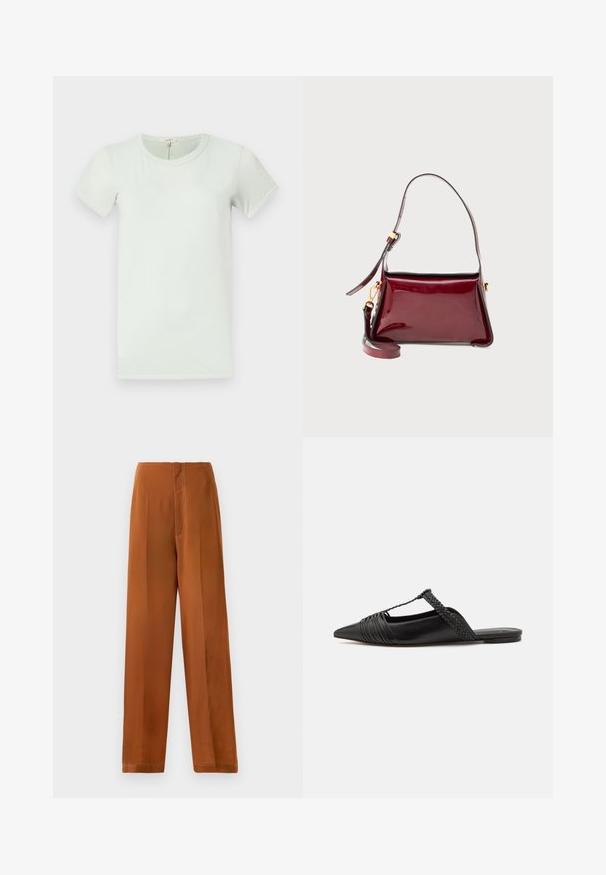 rag & bone THE SLUB - T-shirt basic - greenlily; Pantaloni a gamba larga di un caldo colore marrone, con una texture liscia, vita alta e cuciture bianche in contrasto lungo le cuciture.; Scarpa slingback in pelle nera con punta appuntita, con un dettaglio intrecciato e un design superiore plissettato. Suola piatta con hardware minimale.; Borsa in pelle lucida bordeaux con un design strutturato, chiusura con zip superiore e tracolla removibile. Accenti in metallo dorato.