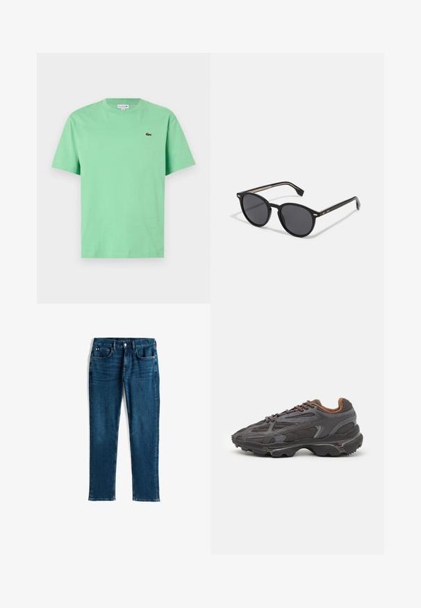Mintgrønn bomulls T-skjorte med rund hals, korte ermer og en liten brodert logo på venstre bryst.; Mørkeblå denimjeans, rett ben-design, fem-lommers stil, med subtile slit og kontrastsøm, metallknapp og glidelås-lukking.; Lacoste-sneakers i mørkegrått med mesh- og syntetisk materiale, med en teksturert såle og brune detaljer på kragen og merket.; BOSS Solbriller - black
