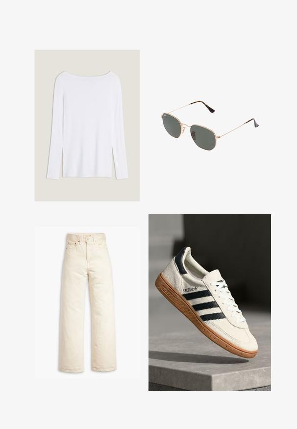 Hvid langærmet top med bred rund halsudskæring, sideslids og et glat, let stof, der har et simpelt, minimalistisk design.; Beige vidde ben jeans lavet af bomuldsdenim. Funktioner inkluderer høj talje, knaplukning og fem-lomme design. Glat, holdbar tekstur.; Hvide ruskinds sneakers med marineblå striber, gummisål, struktureret overdel, rund tå og snøring; har branding på siden og tungen.; Guldmetallisk brille med mørkegrønne linser, aviator-stil, med slanke arme og skildpadde-mønstrede detaljer på spidserne.; Sort quiltet faux læder taske med kædestrop, der har et hexagonalt mønster og en dekorativ vinge detalje på forsiden.