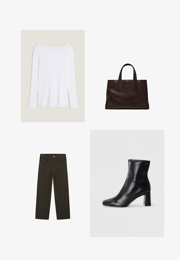 Witte lange mouwen top met een brede halslijn, zijsplitten en een gladde, lichtgewicht stof, met een eenvoudig, minimalistisch ontwerp.; Donkergroene wijde jeans van een katoenmix, met een sluiting met een voorste knop, vijf zakken en klassieke denimstiksels.; Zwarte leren enkelboot met een spitse neus en een gestructureerde blokhak. Gladde textuur met een slank, minimalistisch ontwerp.; Bruine leren tote bag met twee verlengde handvatten, gestructureerde rechthoekige vorm, gladde textuur en subtiele stiksels.