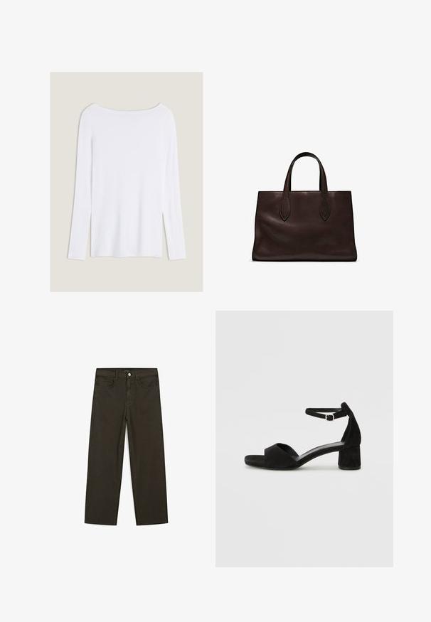 Hvid langærmet top med bred rund halsudskæring, sideslids og et glat, let stof, der har et simpelt, minimalistisk design.; Mørkegrønne brede jeans lavet af en bomuldsblanding, med en frontlukning med knap, fem lommer og klassisk denim-syning.; Sorte ruskind hælede sandaler med en tynd ankelsnor, åben tå design og en beskeden blokhæl. Glat tekstur og minimale detaljer.; Brun læder tote bag med to forlængede håndtag, struktureret rektangulær form, glat overflade og subtile syninger.