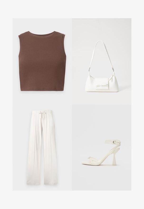 Pruun soonikuta ilma varrukateta lühike pluus, millel on ümara kaelusega lõige. Sile tekstuur ja hästi istuv kuju, rõhutades disaini lihtsust.; Heledad beežid püksid, mis on valmistatud pehmest kangast, millel on paelaga vöökoht, laiad sääred ja vertikaalsed õmblused, lisaks sujuv tekstuur.; Köitmine kõrge kontsaga sandaal valgest nahast, millel on stiilne disain, läbipaistev plokk-konts ja dekoratiivne element varvaste juures.; Valge sünteetilisest materjalist kott kolmnurkse kujuga, lame esiklapiga ja kaaredetailiga, reguleeritava rihmaga, sileda tekstuuriga ja minimalistliku disainiga.