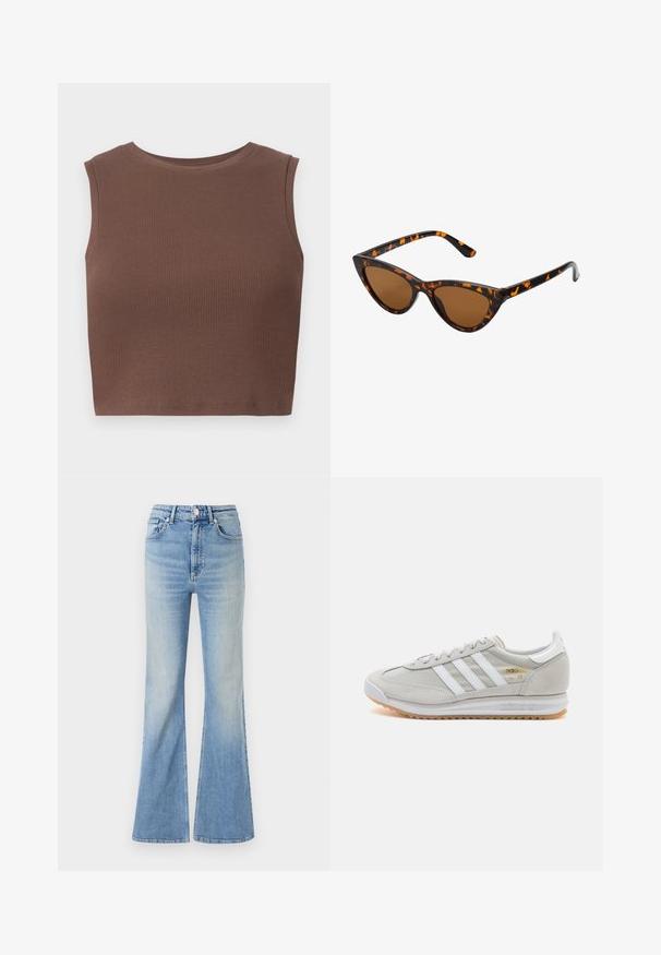Hnědý žebrovaný tílko s odhalenými rameny a kulatým výstřihem. Hladký materiál a přiléhavý střih zdůrazňují jednoduchost designu.; Světle modré rozšířené džíny vyrobené z džínoviny, s vysokým pasem, designem s pěti kapsami a jemným gradientním zesvětlením směrem k lemům.; Světlé šedé tenisky vyrobené z semiše a síťoviny, se třemi bílými pruhy, kulatou špičkou a gumovou podrážkou. Zlatý logo akcent u šněrování.; Sluneční brýle ve stylu kočičích očí s černo-oranžovým želvovinovým rámem, hnědými skly a elegantními, špičatými konci. Obsahují minimalistické logo na straně.
