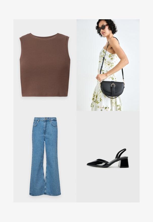 Brown ribbed sleeveless crop top with a crew neckline. Smooth texture and fitted shape, highlighting simplicity in design.; Light blue flared jeans made of denim, featuring a high waist, five pockets, and a single button closure. Soft texture with faded finish.; Black patent leather slingback heels with a pointed toe and a geometric block heel. Features a sleek, minimal design and smooth texture.; Black leather handbag with a curved shape, detachable strap, and gold hardware. The bag features a flap with a buckle detail.
