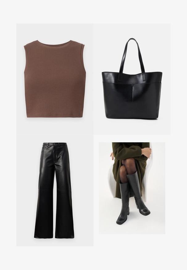 Brūns ribots bezpiedurkņu kūpošais tops ar apaļu izgriezumu. Gluda tekstūra un pieguļošs siluets, kas izceļ vienkāršību dizainā.; Melnas augstās jostas platajās kājās sintētiskās ādas bikses ar priekšējo pogu, rāvējslēdzēju, jostas cilpām un sānu kabatām uz baltā fona.; Ceļgalu augstuma melni ādas zābaki ar kvadrātu purngalu un bloku papēdi, attēloti modelī, kurš sēž olīvu zaļā mētelī. Gluda tekstūra, minimāla apdare.; Melnas ādas iepirkumu soma ar divām garām rokturām, gludu tekstūru un strukturētu formu. Iekļauj priekšējo kabatu papildu uzglabāšanai.