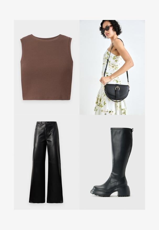 Top cropped castanho com nervuras e sem mangas, apresentando um decote redondo. Textura suave e formato ajustado, destacando a simplicidade no design.; Calças largas de imitação de couro pretas, de cintura alta, com botão frontal, fecho de correr, passadores de cinto e bolsos laterais sobre fundo branco.; Bota preta de couro alta com sola de plataforma robusta e salto bloco, apresentando puxador e padrão texturizado na sola.; Bolsa de couro preta com forma curva, alça destacável e detalhes em dourado. A bolsa possui uma aba com detalhe de fivela.