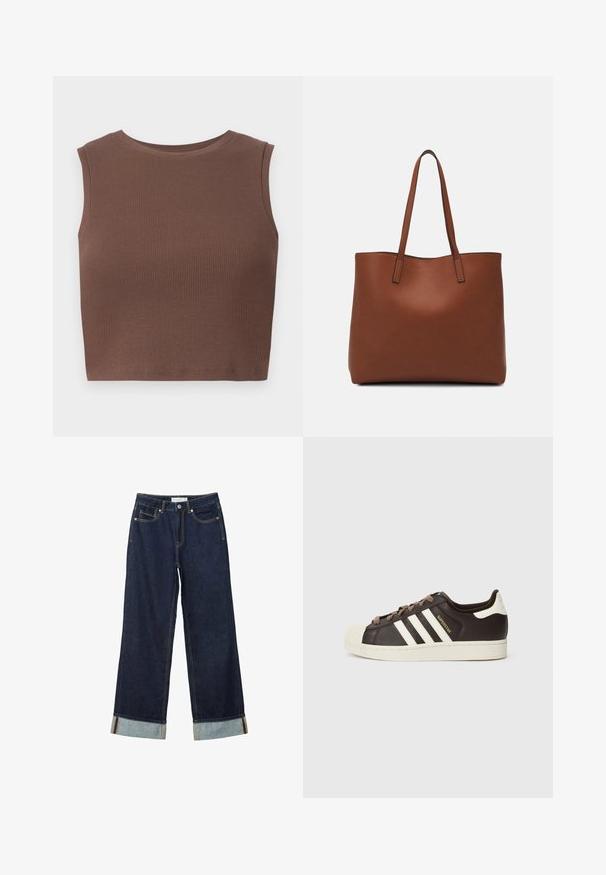 Braunes geripptes, ärmelloses Cropped-Top mit einem Rundhalsausschnitt. Glatte Textur und figurnahe Form, die die Schlichtheit im Design betont.; Dunkelblaue, weit geschnittene Jeans mit hoher Taille, ausgestattet mit aufgerollten Säumen, Kontrastnähten und einem Fünf-Taschen-Design. Hergestellt aus Denim-Stoff.; Low-Top Adidas Superstar Sneaker aus dunkelbraunem Leder mit cremefarbener Schale an der Spitze, weißen Streifen und dem Schriftzug "Superstar" an der Seite.; Braune Leder-Tote mit glatter Textur, offenem Oberteil und zwei Schulterriemen. Verfügt über minimale Nähte und keine sichtbaren Beschläge.