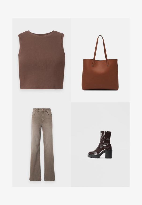 Barna bordázott, ujjatlan crop top, kerek nyakkivágással. Sima textúra és testhezálló fazon, kiemelve a dizájn egyszerűségét.; Barna, magas derekú, egyenes szárú farmernadrág elülső gombbal, övhurkokkal és klasszikus öt zsebes kialakítással, fehér háttér előtt.; Fényes bordó bokacsizma vastag fekete sarokkal, sima felülettel és egyszerű dizájnnal. Nincsenek látható zárak vagy minták.; Barna bőr vászontáska sima textúrával, nyitott tetejű dizájnnal és két vállpánttal. Minimális varrással és látható hardver nélkül készült.