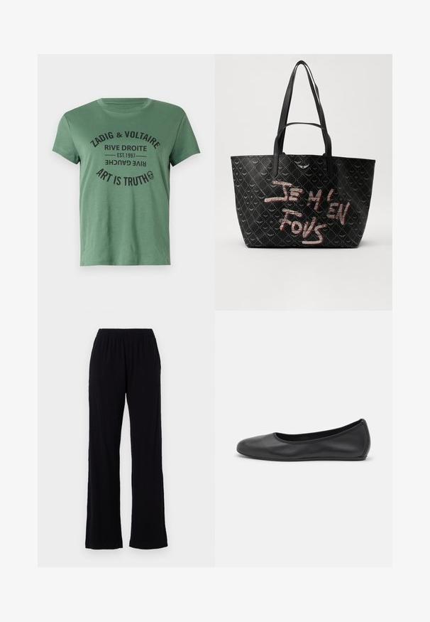 Žalios medvilnės marškinėliai su trumpomis rankovėmis ir apvaliu kaklu, su juodais užrašais: "ZADIG & VOLTAIRE MENO YRA TIESA."; Juodos, lengvos, elastingos juosmens kelnės su tiesiu pjūviu. Minkšta tekstūra, be matomų raštų ar akcentų. Paprastas ir universalus stilius.; Juodai odiniai baletai su apvaliu pirštu, lygi texture, minimalus siuvimo detales ir lanksčiu padų dizainu.; Juodas tote krepšys su tekstūruotu paviršiumi, turintis deimanto raštą, petines diržes ir ryškiai raudonai baltą tekstą „JE M'EN FOUS.“