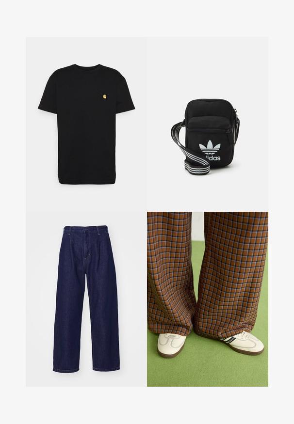 Zwarte katoenen t-shirt met korte mouwen, ronde hals en een klein geel logo op de linker borst. Eenvoudig ontwerp en normale pasvorm.; Donkerblauwe spijkerbroek, wijd uitlopende stijl, hoge taille, met een knoopsluiting en klassieke vijf-pocket styling. Vlotte textuur, subtiele stiksels.; Bruine en blauwe geruite wijde broek, gecombineerd met witte schoenen met zwarte accenten en een gestructureerde zool, gezet tegen een groene achtergrond.; Zwarte stoffen schoudertas met een ritssluiting, voorzien van een wit Adidas-logo en een gestreepte, verstelbare schouderband voor gemakkelijk dragen.