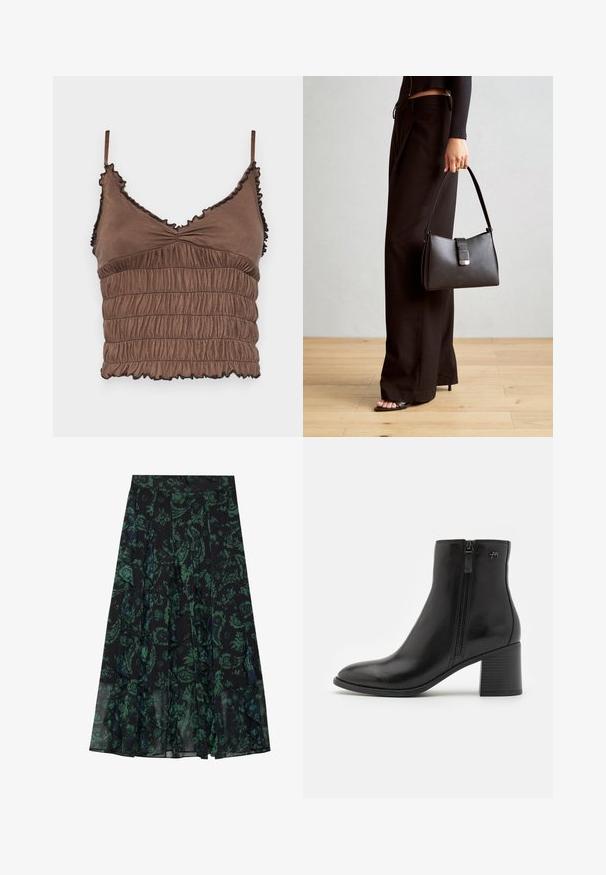 Barna cropped top, puha anyagból készült, ráncolt dizájnnal, állítható pántokkal és fekete részletekkel ellátott fodros szélekkel.; Fekete szoknya zöld virágmintával, fodros szélekkel és redőkkel. Könnyű anyagból készült, amely áramló sziluettet biztosít.; Fekete bokacipők sima bőrből, oldalirányú cipzárral. A csúcsos orr és a struktúrált tömbsarok a stabilitás érdekében.; Fekete kézi táska strukturált formával, sima textúrával és fémből készült záródással. Széles fekete nadrággal és nyitott orrú szandállal párosítva, fából készült padlón.