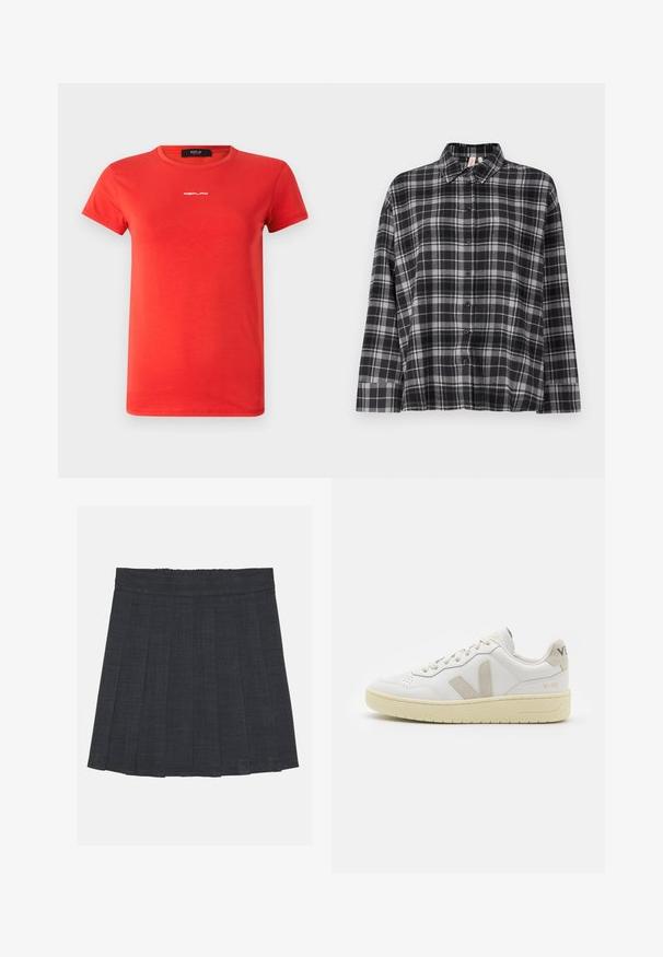 Replay - T-shirt basic; Czarna i szara koszula w kratę z kołnierzykiem, długimi rękawami i luźnym krojem. Tkanina wydaje się miękka z delikatną teksturą.; Ciemnoszara spódnica plisowana z elastycznym pasem, wykonana z fakturowanej tkaniny, o klasycznym kroju A. Idealna do codziennych stylizacji.; Białe skórzane trampki z beżowymi zamszowymi akcentami, perforowanym noskiem, płaskimi sznurowadłami i teksturowaną kremową podeszwą. Posiadają subtelne logo na pięcie.