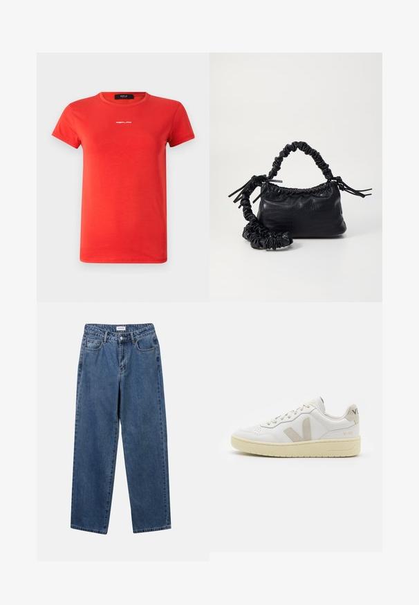 Replay LOGO - T-shirt basic - red; Jeans in denim blu classico con design a gamba dritta, cinque tasche e chiusura con bottone. Presentano un lavaggio medio e una trama robusta.; Sneaker in pelle bianca con dettagli in suede beige, punta perforata, lacci piatti e suola testurizzata color crema. Presenta un logo discreto sul tallone.; Borsa a tracolla in ecopelle nera con texture a coccodrillo, apertura cinchata e tracolla arricciata. Si presenta con un design morbido e compatto.