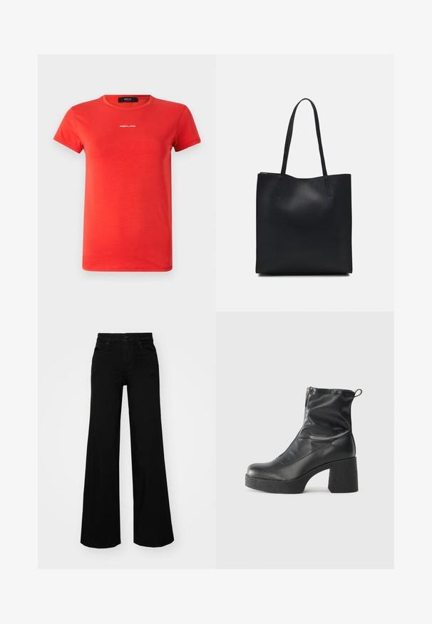 Replay LOGO - Osnovna majica kratkih rukava - red; Crne široke traperice s čvrstim pojasom, petljama za remen i prednjim džepovima. Gladak teksturirani materijal s klasičnim dizajnom.; Crne gležnjače od glatke kože, s bočnim zatvaračem, debelim teksturiranim potplatom i dizajnom s zaobljenim prstima.; Crna kožna torba za nošenje s glatkom teksturom, pravokutnim oblikom i dvije duge ručke. Nema vidljivih metalnih dijelova ili ukrasa.