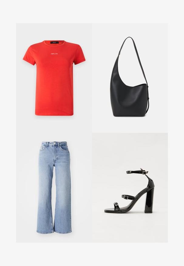 Replay LOGO - Basic T-shirt - red; Light blue high-waist wide-leg jeans with front and back pockets, button closure, and subtle fading on the thighs and hems.; Black patent heeled sandals with a square toe, ankle straps, and silver buckles. Features a chunky block heel for stability.; Black leather hobo bag with a smooth texture, curved shape, and single adjustable strap; features a wide opening at the top.