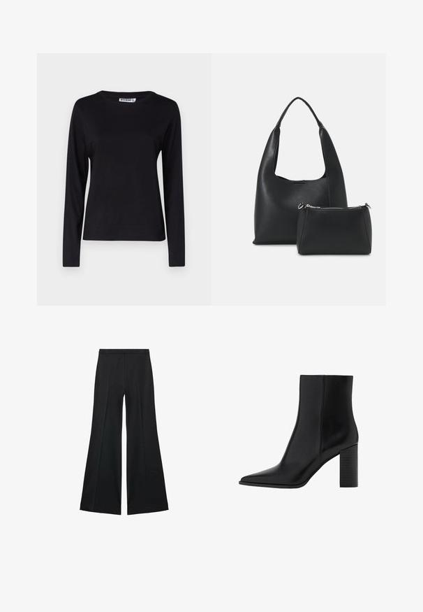 Zwarte T-shirt met lange mouwen en ronde hals, gemaakt van zachte katoen, met een eenvoudig ontwerp, minimale naden en geen zichtbare graphics.; Zwarte wijde-pijpen broek met een gladde textuur, gekenmerkt door voorplooien en een op maat gemaakte uitstraling. De stof is lichtgewicht en vloeiend.; Zwarte leren enkellaars met een spitse neus, vierkante hak, een gladde textuur en stikdetails langs de naden. De hakken zijn ongeveer 8,9 cm hoog.; Even&Odd Handtas - black