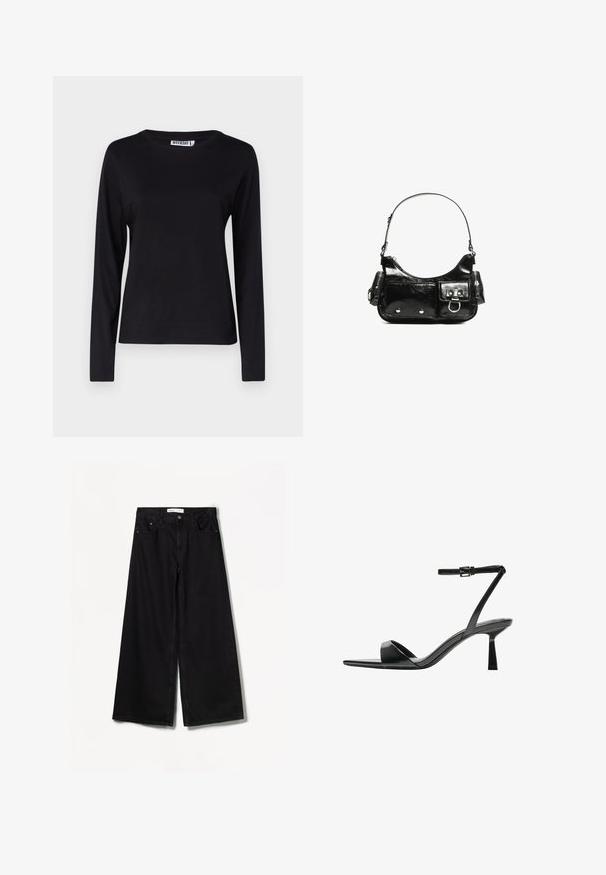 Dlhý rukáv, čierne tričko s okrúhlym výstrihom vyrobené z mäkkej bavlny, s jednoduchým dizajnom, minimom švov a bez viditeľnej grafiky.; Bershka WIDE-LEG - Široké nohavice - black; Bershka Sandále na vysokom opätku - black; Čierna laková kožená kabelka s ohnutým tvarom, jedným ramenným popruhom, prednými vreckami a striebornými kovovými doplnkami.
