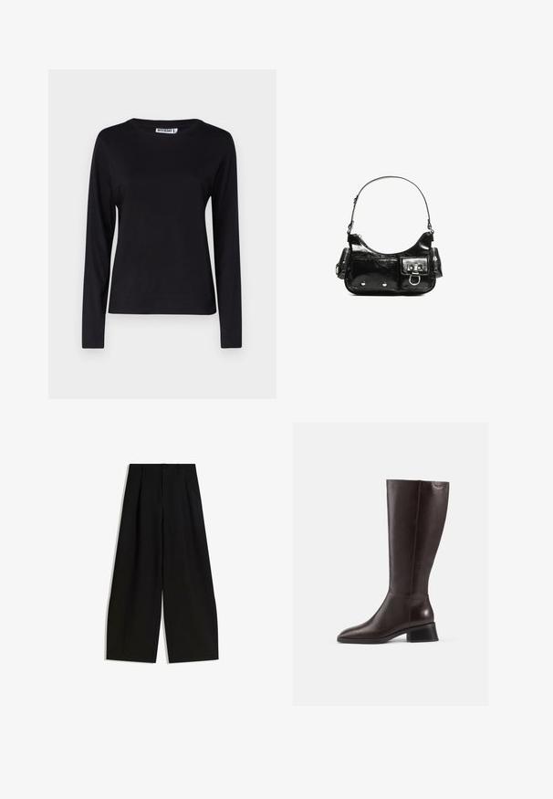 Hosszúujjú, kerek nyakú fekete póló, puha pamutból készült, amely egyszerű dizájnnal rendelkezik, minimális varrásokkal és látható grafikák nélkül.; Fekete, széles lábú nadrág, sima anyagból készült, magas derékkal, elöl redőkkel, díszítések vagy minták nélkül.; Térdfeletti barna bőrcipők sima felülettel, lekerekített orral és fekete, rétegelt sarokkal. Egyszerű dizájn minimális fémszerelvényekkel.; Fekete lakkbőr kézitáska ívelt formával, egy vállpánttal, elülső zsebekkel és ezüstszínű fémrészletekkel.