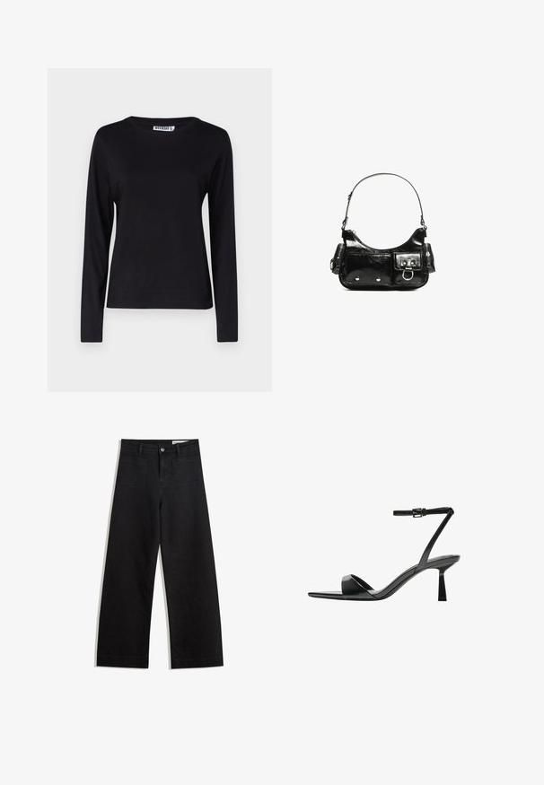 Zwarte T-shirt met lange mouwen en ronde hals, gemaakt van zachte katoen, met een eenvoudig ontwerp, minimale naden en geen zichtbare graphics.; Zwarte denim broek met wijde pijpen en een hoge taille, voorzien van voor- en achterzakken, gestikte naden en een knoopsluiting. Gladde textuur.; Bershka Sandalen met hoge hak - black; Zwarte laarzen in lakleer met een gebogen vorm, één schouderband, voorvakken en accenten in zilverkleurig metaal.