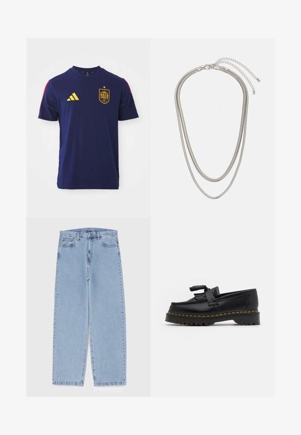 T-shirt di cotone blu navy con logo giallo Adidas e emblema della nazionale spagnola con dettagli rossi sulle spalle. Design classico con colletto a girocollo.; Jeans in denim azzurro chiaro con design a gamba dritta, caratterizzati da una vita media, cinque tasche e chiusura con bottone e zip.; Mocassino in pelle nera con un'accento a frange, dotato di una suola nera spessa e cuciture gialle lungo il bordo. Finitura testurizzata.; Collana in metallo argentato a tre strati caratterizzata da catene sottili e flessibili con una leggera lucentezza, fissata con un gancio a molla e una catena regolabile.