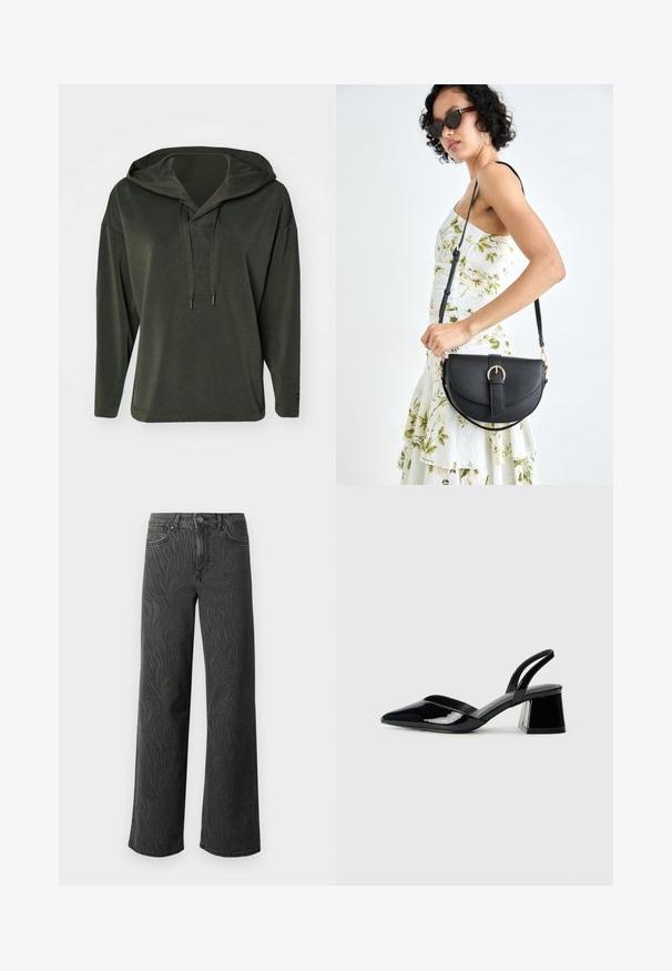 Olíva zöld kapucnis pulóver, lazább fazonnal, hosszú ujjakkal és texturált húzózsinórral. Simább anyag, hétköznapi dizájn.; Sötét szürke denim széles lábú farmer, diszkrét zebra mintás textúrával, kontrasztos varrással és öt zsebes kialakítással, gombos zipzárral.; Fekete lakk bőr szandálkés magas sarkú cipő, hegyes orral és geometrikus tömbsarkakkal. Karcsú, minimalista dizájn és sima textúra jellemzi.; Fekete bőrtáska ívelt formával, levehető pánttal és arany színű fémrészekkel. A táskán egy csattal díszített fedél található.