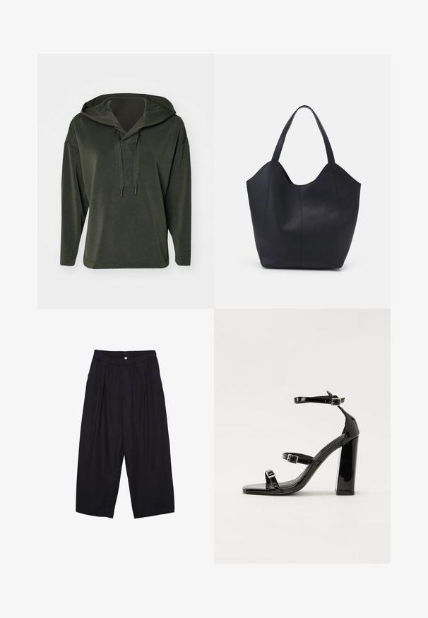 Olivgrüner Kapuzenpullover mit entspannter Passform, langen Ärmeln und einer strukturierten Kordelzug-Verschluss. Glattes Material mit lässigem Design.; Schwarze Polyester-Culotte mit einem elastischen Bund, zwei vorderen Falten und einer lockeren Silhouette. Keine sichtbaren Muster oder Hardware-Details.; Schwarze patentierte Sandalen mit Absatz, quadratischer Spitze, Knöchelriemen und silbernen Schnallen. Mit einem stabilen Blockabsatz für mehr Stabilität.; Schwarze Tote-Bag aus glattem Leder, mit einem abgerundeten, offenen Oberteil, zwei Schulterträgern und einem minimalistischen Design.