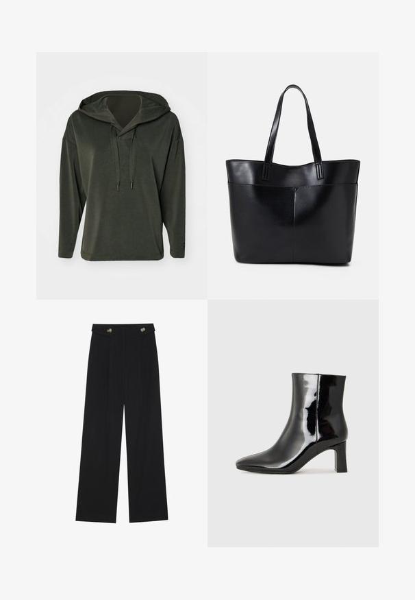 Olivengrøn hættebluse med en afslappet pasform, lange ærmer og en struktureret snorelukning. Glat stof med et afslappet design.; Sorte vide bukser med høj talje, knapdetaljer på taljebåndet og frontfald.; Sort lakeret ankelstøvle med spids tå og en midt-højde blokhæl. Glat tekstur og minimalistisk design.; Sort læder tote taske med to lange håndtag, en glat tekstur og en struktureret form. Har en forlommem for ekstra opbevaring.