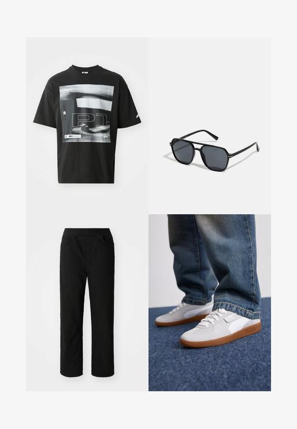 Juodas medvilnės marškinėliai su grafiniu atspaudu, kuriame yra tekstiniai elementai, įskaitant "FORMULA 1 RACING" ir "P1". Suapvalintas kaklas ir trumpomis rankovėmis.; Juodi medvilniniai kelnių su laisvu fasonu, elastinga juosmens juosta, dviem priekinėmis kišenėmis ir tiesiomis kojomis. Sklandus paviršius be matomų raštų.; Puma PALERMO UNISEX - Sportbačiai - white/cool light gray/gold; Juodos akiniai nuo saulės su aštuonkampiu rėmeliu, tamsiais objektyvais, blizgiu paviršiumi, plonomis šakutėmis ir auksinėmis akcentais priekyje.